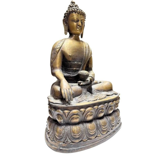 Antike nepalesische Buddha-Statue, feuervergoldete Bronze, doppelte Lotusbasis, 41 cm Höhe, 6,3 kg Gewicht, 18.-19. Jahrhundert, schwere Newar-Gussqualität, Lot 423.