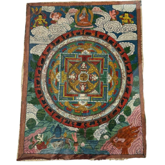 Handgemalte buddhistische Thangka auf Stoff aus Nepal, Mandala-Motiv mit authentischen Exportstempeln und Wachssiegel, 1stbuddha.
