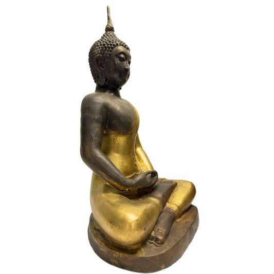 Großer chinesischer Dhyana-Buddha aus Bronze, Yongle-Revival-Stil, Reste von Feuervergoldung, 48,5 cm hoch, 7,6 kg massiv, Lot 446 bei 1stbuddha, buddhistische Meditations-Statue, frühes 20. Jahrhundert, sakrale Kunst.