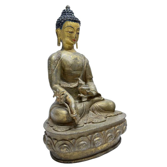 Antiker Medizin-Buddha auf doppeltem Lotusthron, Lot 459, 33,5 cm hohe Bronze, 3,4 kg, Reste von Feuervergoldung und originaler Gesichtsbemalung, traditionelle Himalaya-Handwerkskunst, 1stbuddha.