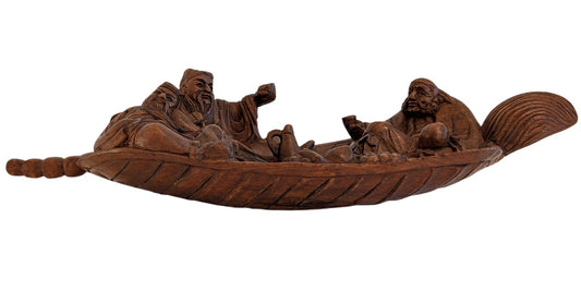 Holzskulptur China Gelehrte im Boot geschnitzt