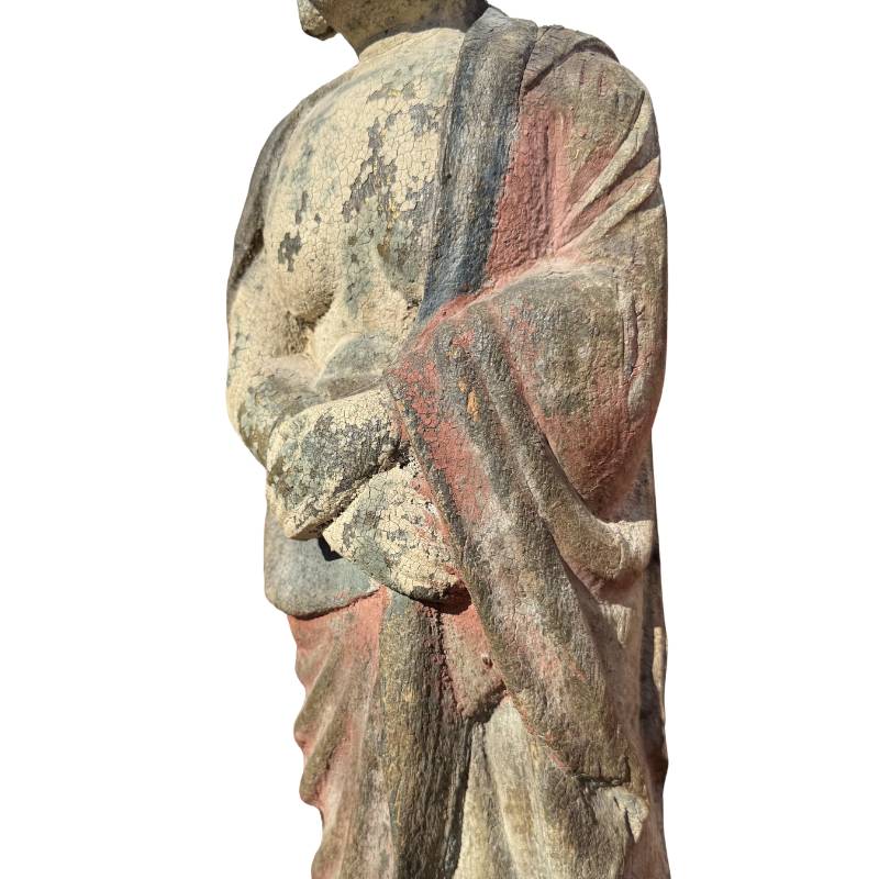 Kwan Yin Holzstatue aus China mit polychromer Oberfläche