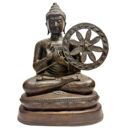 myanmar buddha dharmachakra mudra bronze skulptur mit rad detail lehrgeste