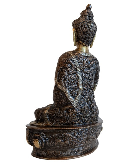 nepal buddha bhumisparsha mudra bronze skulptur lotus sockel