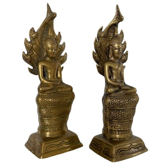 Set Buddha-Statuen mit Naga aus Messing – Thailand / Laos – Meditation