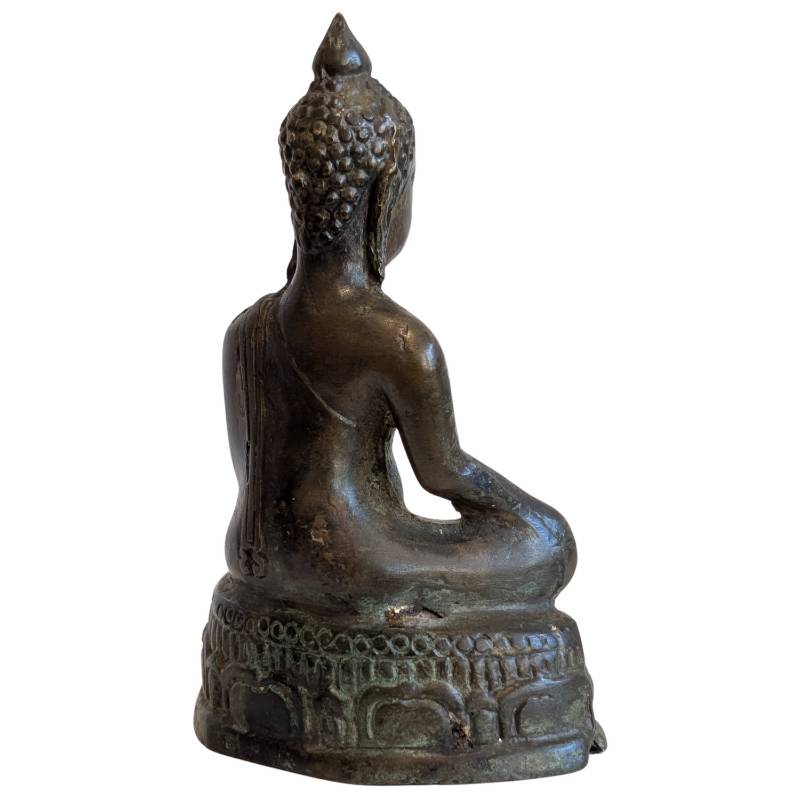 Antikes buddhistisches Gebrauchsgegenstand aus massiver Bronze, Buddha in Erdberührung (Bhumisparsha), Südostasien, sichtbare Alterspatina, Lot 149.