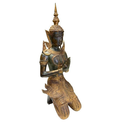 Paar antike thailändische Tempelwächter aus Bronze, 19. Jahrhundert, 56 cm hoch, 15 kg Set, Reste originaler Feuervergoldung, kniende Thephanom Figuren, Lot 433, 1stbuddha.