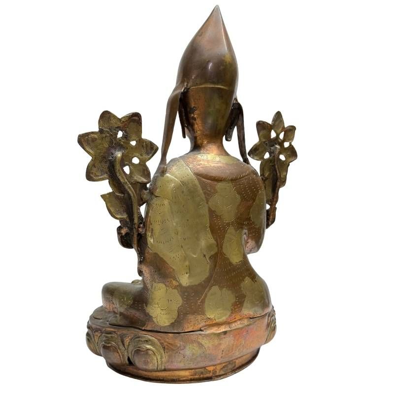 Antike Himalaya Bronze Statue eines Lamas (Tsongkhapa), feuervergoldet, 40 cm hoch, 5 kg schwer, 18.-19. Jahrhundert
