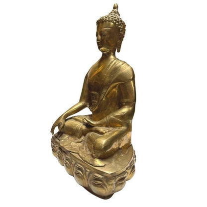 Antikes tibetisches Buddha-Bildnis aus feuervergoldetem Metall (Bronze), 18.-19. Jahrhundert, schwere 4 kg Ausführung, 36,5 cm hoch, authentische Himalaya-Antiquität, Lot 424.