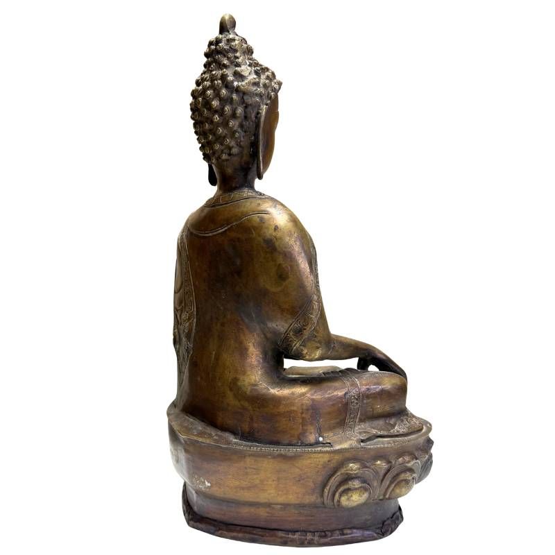 Rückansicht einer antiken Buddha-Statue aus Bronze, Himalaya-Region, Lot 430, massive Gussqualität, sichtbare Alterspatina und Bearbeitungsspuren des 18.-19. Jahrhunderts