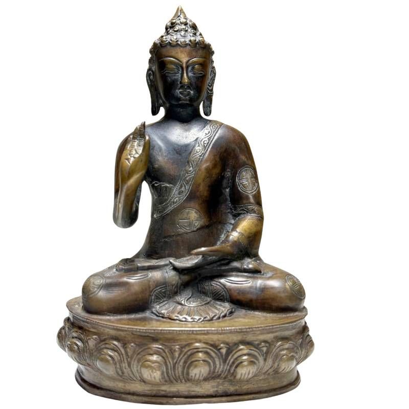 Antike Buddha-Statue aus Nepal, Vitarka Mudra, Bronze mit 24k Feuervergoldungsspuren, 28,5 cm hoch, 3,8 kg Gewicht, 18.-19. Jahrhundert, Newar-Stil, Lot 429.