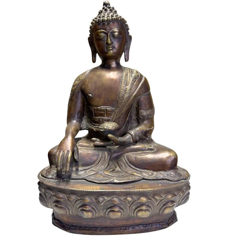Antiker Medizin-Buddha aus Bronze, Himalaya-Region, sitzend auf Lotusbasis, 38,5 cm hoch, 5,3 kg schwer, natürliche Patina, 18.-19. Jahrhundert, Lot 430