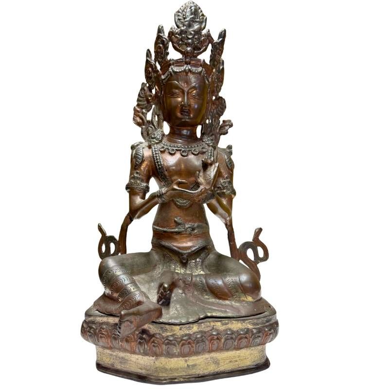 Antike Tara Statue aus Bronze, Himalaya-Region, sitzend auf Lotusbasis, 38 cm hoch, 3,9 kg, handgearbeitete Kupferlegierung, 18.-19. Jahrhundert, Lot 431.