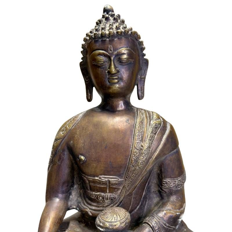 Antike sitzende Buddha-Statue aus Bronze, Himalaya-Region, 38,5 cm hoch, 5,3 kg massiv, Medizin-Buddha auf Lotusbasis, 18.-19. Jahrhundert, Lot 430