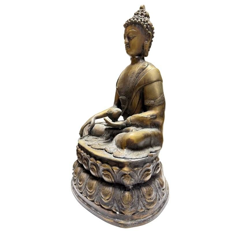 Antike nepalesische Buddha-Statue aus der Himalaya-Region, feuervergoldete Bronze, 41 cm hoch, 6,3 kg schwer, doppelte Lotusbasis, 18.-19. Jahrhundert, Lot 423.