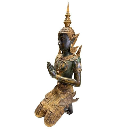 Antikes Duo thailändischer Tempelwächter aus Bronze, 19. Jahrhundert, 56 cm hoch, 15 kg Set, Reste originaler Feuervergoldung, kniende Thephanom Figuren, Lot 433, 1stbuddha.