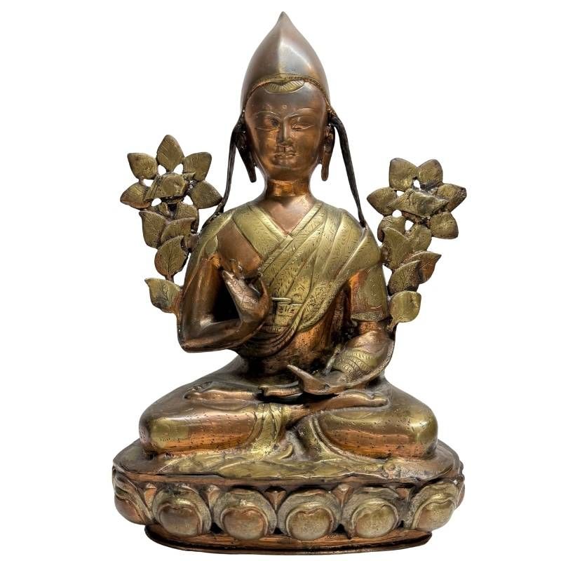 Antike feuervergoldete Bronze-Statue des Tsongkhapa Lama aus Ladakh, 18.-19. Jahrhundert, 40 cm hoch, 5 kg schwer, authentische Himalaya-Kunst mit reicher Goldpatina