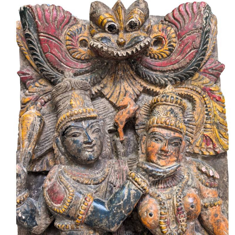 Indisches Tempelpaneel – Vishnu mit Lakshmi Holz Polychrom-Relief | 1stBuddha