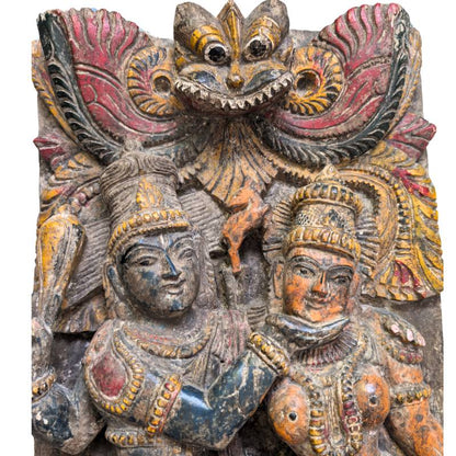 Indisches Tempelpaneel – Vishnu mit Lakshmi Holz Polychrom-Relief | 1stBuddha