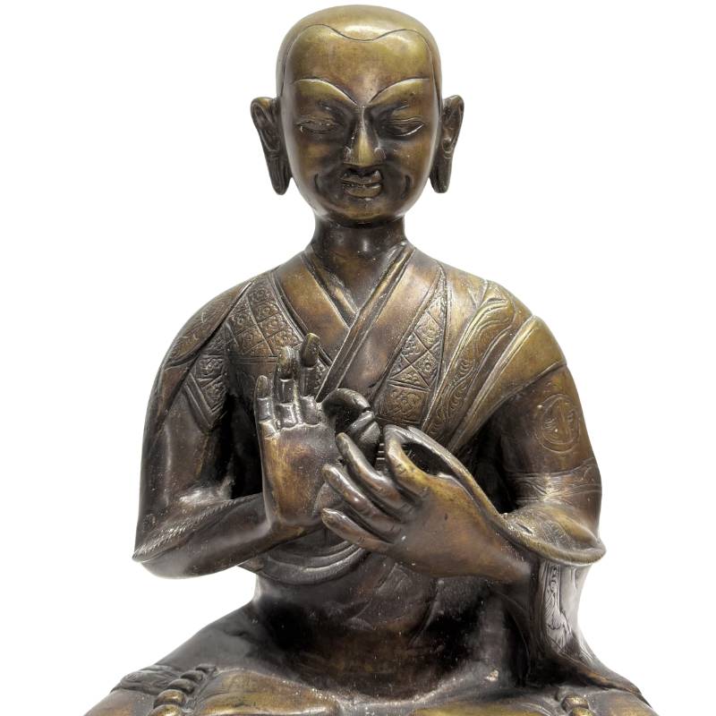 Antike tibetische Lama-Statue aus Bronze, sitzend auf einem Lotusthron, 38 cm Höhe, 8,1 kg schwer, 19. Jahrhundert