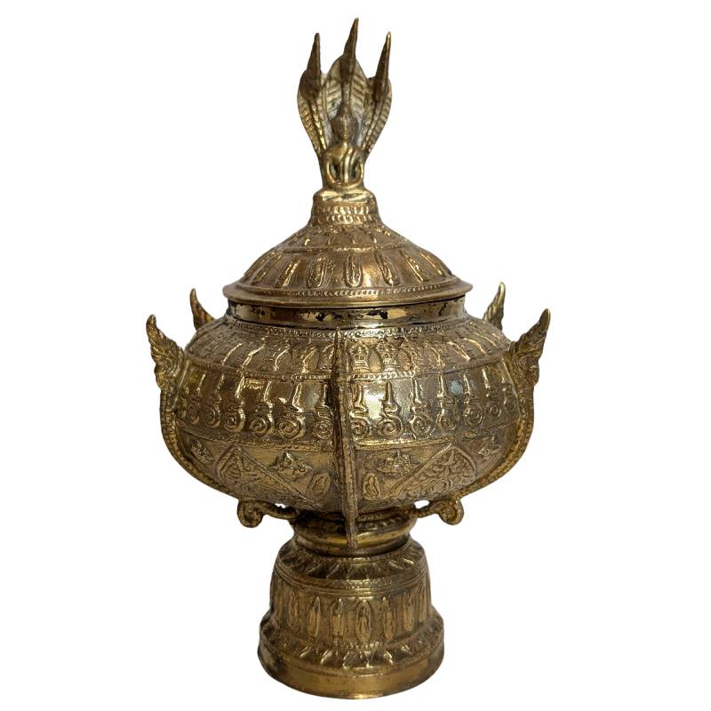 Antike Bronze Opferschale mit Naga Deckel Südostasien 19 Jahrhundert