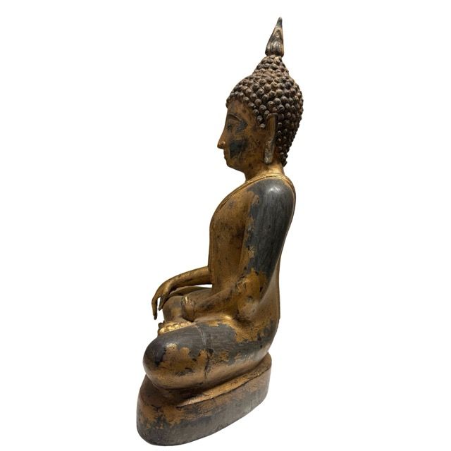 Antike thailändische Buddha-Statue aus massiver Bronze mit Restvergoldung, 59 cm Höhe, 18,4 kg schwer, 19. Jahrhundert