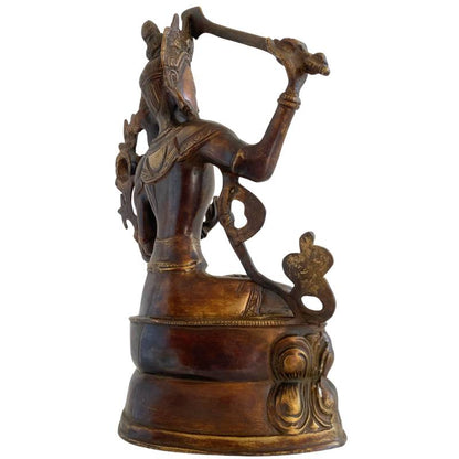 Antike Manjushri-Statue aus der Himalaya-Region, handgefertigte Bronze mit historischer Patina