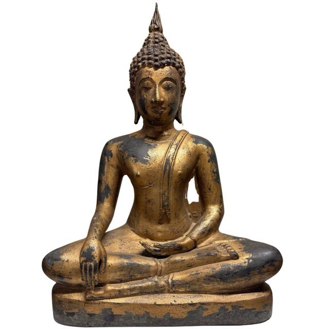 Antike thailändische Buddha-Statue aus Bronze mit Resten von Vergoldung, monumentale Größe 59 cm, Gewicht 18,4 kg
