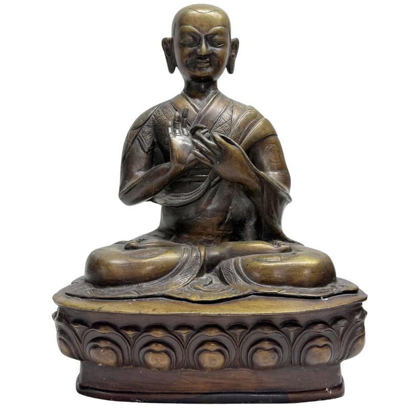 Antike tibetische Bronze-Statue eines spirituellen Meisters (Lama) auf einem Lotusthron, 38 cm hoch, 8,1 kg schwer, 19. Jahrhundert
