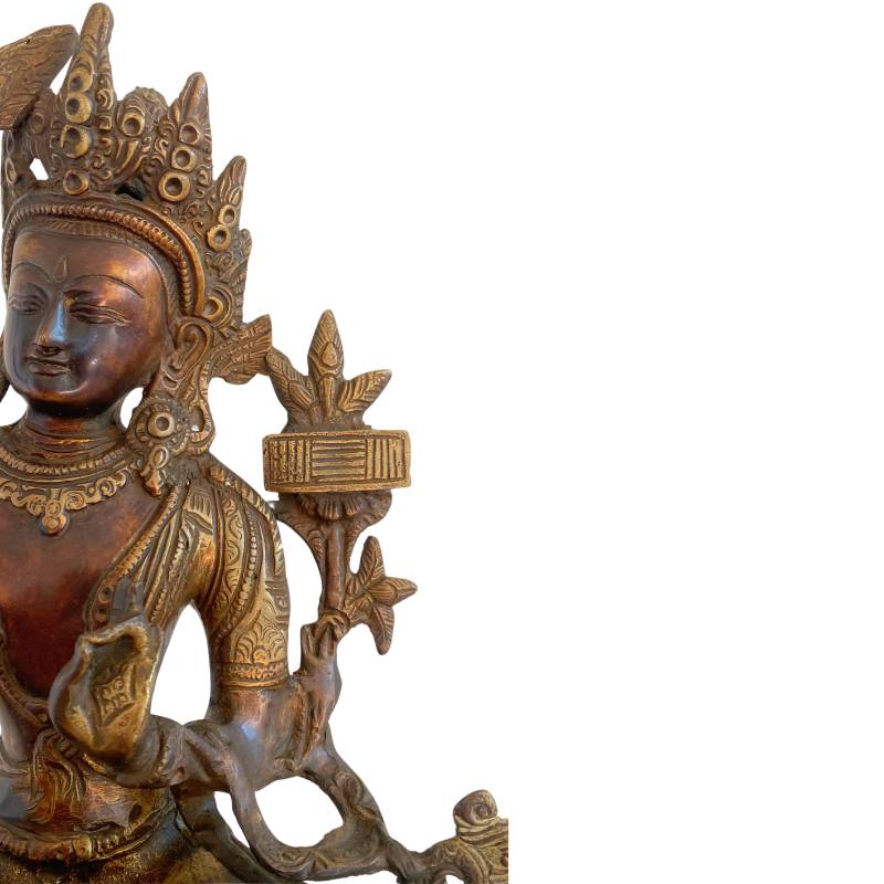 Antike Manjushri-Statue aus Bronze auf einem detailliert ausgearbeiteten Lotusthron (Padmasana)