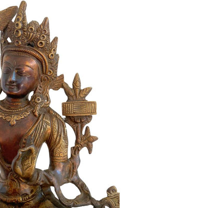 Antike Manjushri-Statue aus Bronze auf einem detailliert ausgearbeiteten Lotusthron (Padmasana)