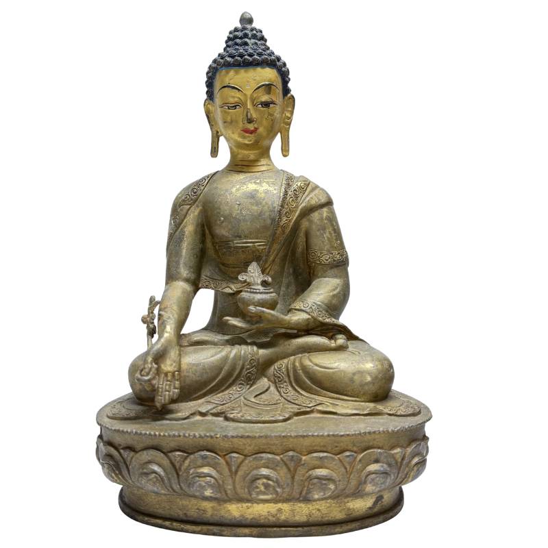 Antiker Medizin-Buddha aus feuervergoldeter Bronze, Lot 459, 33,5 cm hoch, 3,4 kg, mit Resten originaler Feuervergoldung und ritueller Bemalung im Gesicht, Himalaya-Region, 1stbuddha.