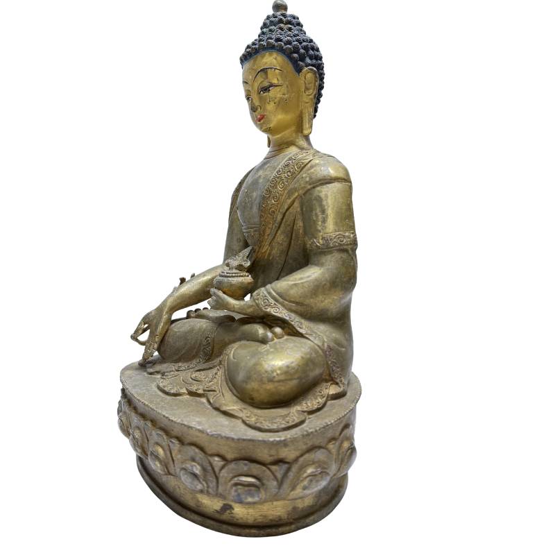 Antike Himalaya Buddha Statue aus feuervergoldeter Bronze, Lot 459, 33,5 cm hoch, 3,4 kg schwer, mit originalen Pigmentresten im Gesicht und heiliger Aura, 1stbuddha.