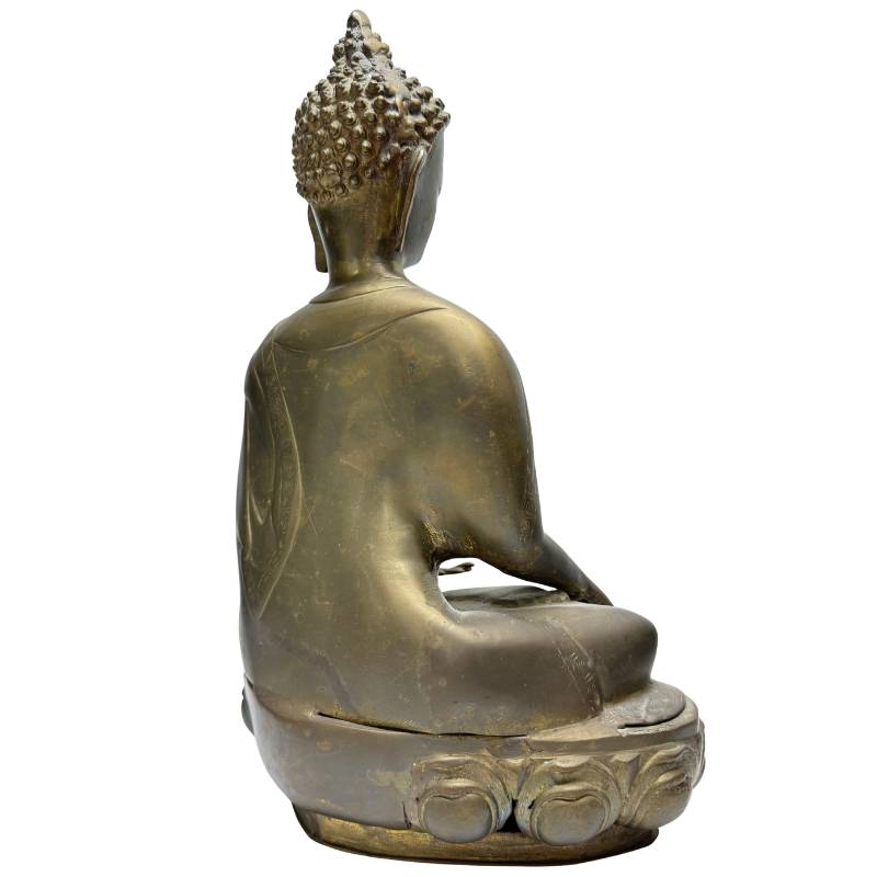 Antiker Himalaya-Buddha auf Doppellotosthron, feuervergoldete Bronze, 18./19. Jahrhundert, Lot 453, Bhumisparsha Mudra, 38 cm hoch, 4,6 kg massiv, authentische Newar-Kunst, 1stbuddha Expertise.