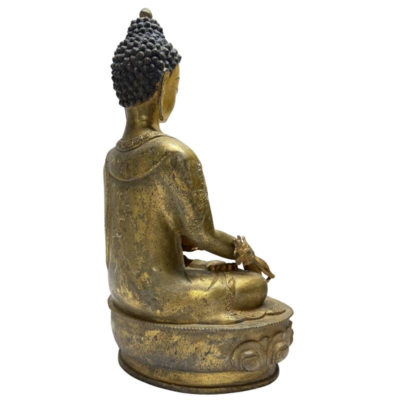 Antike Statue des Medizin-Buddhas aus dem Himalaya, Lot 459, hält das heilige Heilungsgefäß, 33,5 cm hohe feuervergoldete Bronze, 3,4 kg massiver Guss mit originaler Gesichtsbemalung, 1stbuddha.