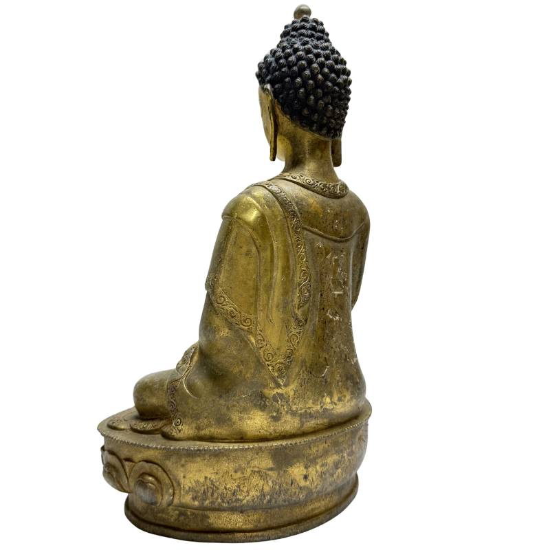 Antiker Medizin-Buddha aus Bronze mit natürlicher Abnutzung der Feuervergoldung, Lot 459, 33,5 cm, 3,4 kg, sichtbare Spuren ritueller Verehrung und originale Gesichtsbemalung, 1stbuddha.