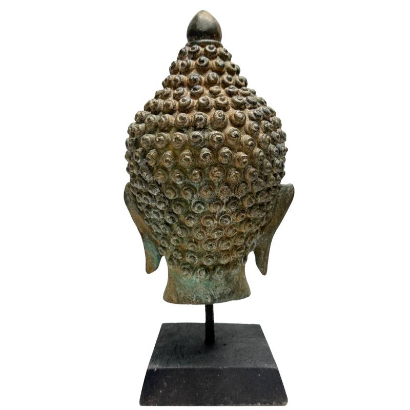 Antiker thailändischer Buddhakopf aus Bronze, Rattanakosin-Stil, 19. Jahrhundert, Lot 452, 25 cm hoch, 1,5 kg, grünbraune Edelpatina, fein ausgearbeitete Spirallocken, serener Gesichtsausdruck, 1stbuddha Expertise.