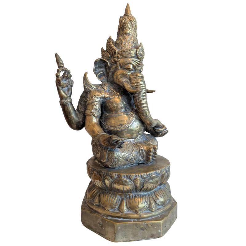 Antike Khmer-Ganesha-Bronzestatue mit Buddha-Figur in der Krone, Lot 152, schwere Patina und Restvergoldung.