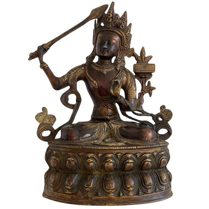 Antike tibetische Manjushri-Statue aus Bronze mit flammendem Schwert und Restvergoldung