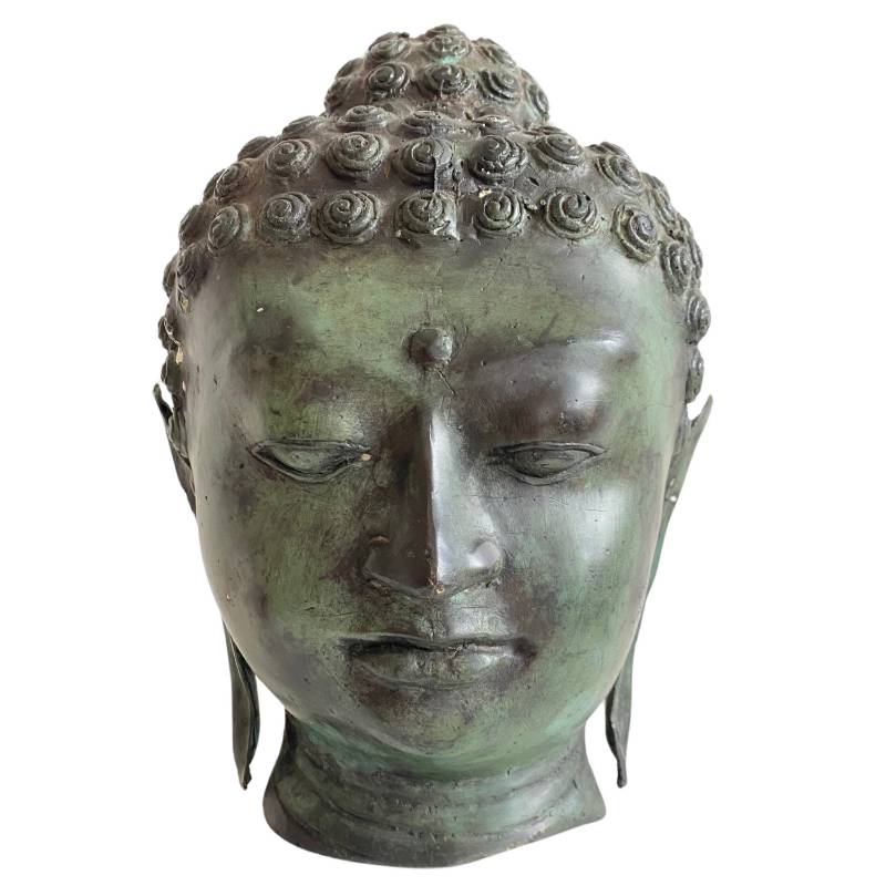 Antiker Buddha Kopf aus Bronze aus Thailand mit alter Patina