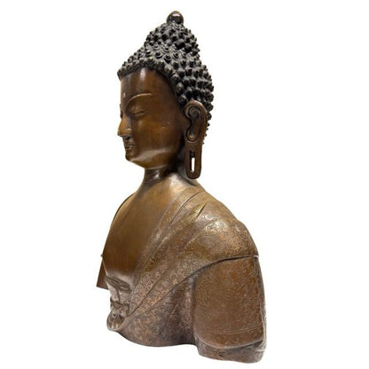 Authentische nepalesische Buddha-Büste aus massiver Bronze, Newar-Tradition aus Patan, 37 cm Höhe, 6,4 kg, mit natürlicher Alterspatina