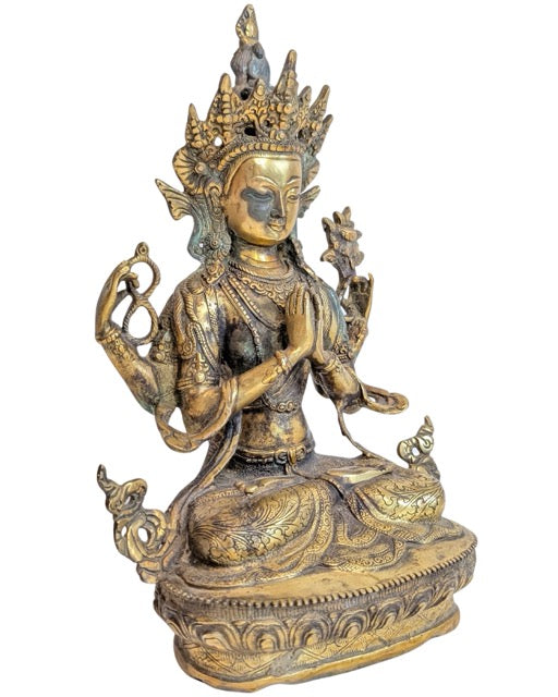 Avalokiteshvara Bronze Himalaya auf doppeltem Lotussockel