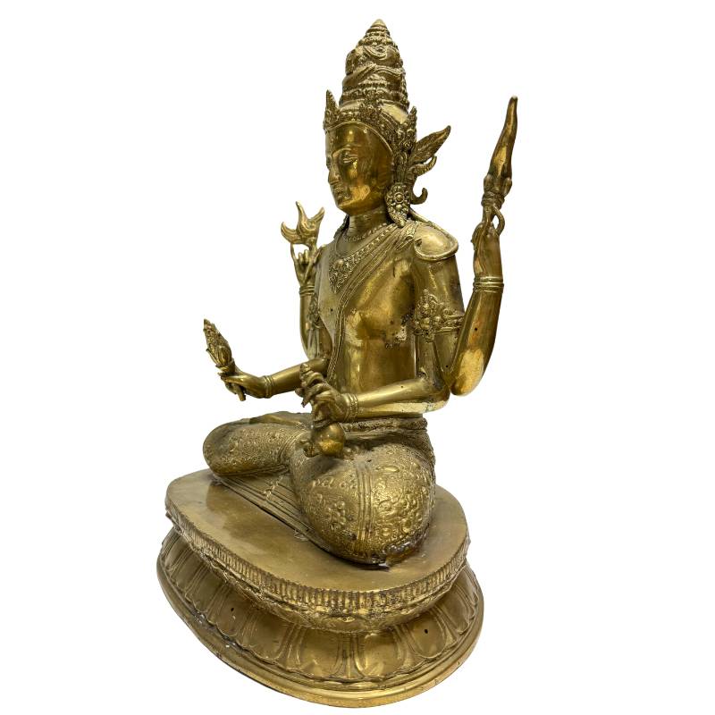 Pre-industrielles Bronzebildnis des Avalokiteshvara aus Nepal, Lot 444 bei 1stbuddha, 18.–19. Jahrhundert, vierarmiger Vajrayana-Bodhisattva im Wachsausschmelzguss, 34,5 cm hoch, 4,4 kg schwer, mit Resten von Feuervergoldung und natürlicher Alterspatina.