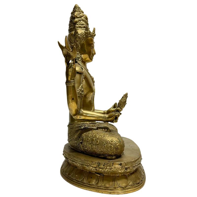 Nepalesische Bronze-Statue des Avalokiteshvara im Lotussitz (Padmasana), vierarmiger Bodhisattva aus der Kathmandu-Vallei, Lot 444 bei 1stbuddha, 18.–19. Jahrhundert, 34,5 cm Höhe, Newar-Gusskunst mit Resten von Feuervergoldung.