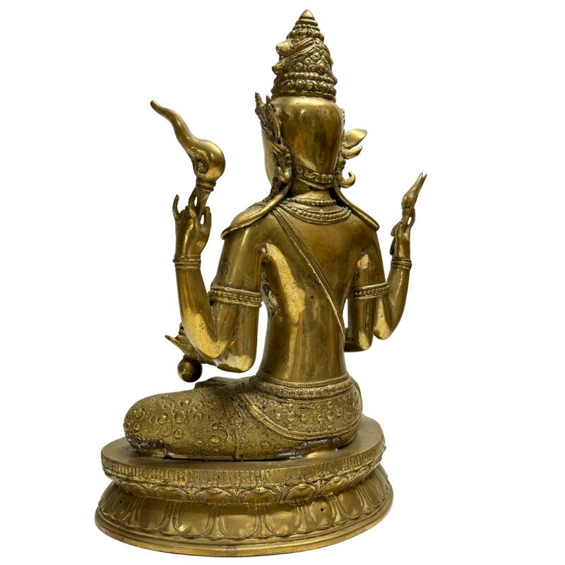 Vierarmiger Avalokiteshvara als Vajrayana-Tempelbild aus Bronze, Newar-Stil Nepal 18.–19. Jahrhundert, Lot 444 bei 1stbuddha, 34,5 cm Höhe, schwere Kupfer-Zinn-Legierung mit Resten von Feuervergoldung und ritueller Patina.