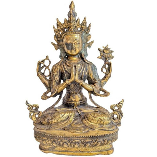 Avalokiteshvara Statue Bronze feuervergoldet vierarmig Himalaya