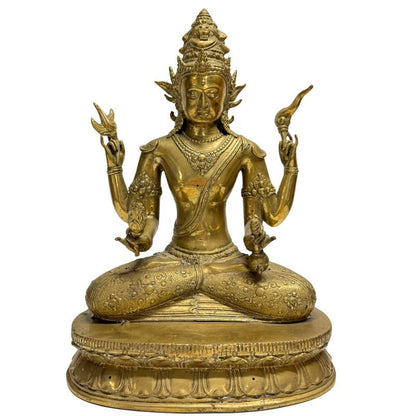 Vierarmiger Avalokiteshvara, nepalesische Bronze aus der Kathmandu-Vallei (18.-19. Jh.), Vajrayana-Bodhisattva mit Kapāla und Lotus, Lot 444 bei 1stbuddha, 34,5 cm hoch, 4,4 kg schwer, Reste von Feuervergoldung und authentische Newar-Gusskunst.