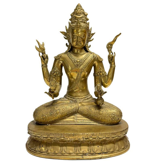 Vierarmiger Avalokiteshvara, nepalesische Bronze aus der Kathmandu-Vallei (18.-19. Jh.), Vajrayana-Bodhisattva mit Kapāla und Lotus, Lot 444 bei 1stbuddha, 34,5 cm hoch, 4,4 kg schwer, Reste von Feuervergoldung und authentische Newar-Gusskunst.