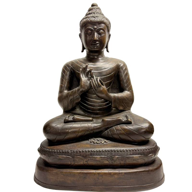 birmischer buddha dharmachakra mudra bronze skulptur mit gewachsener patina mandalay stil