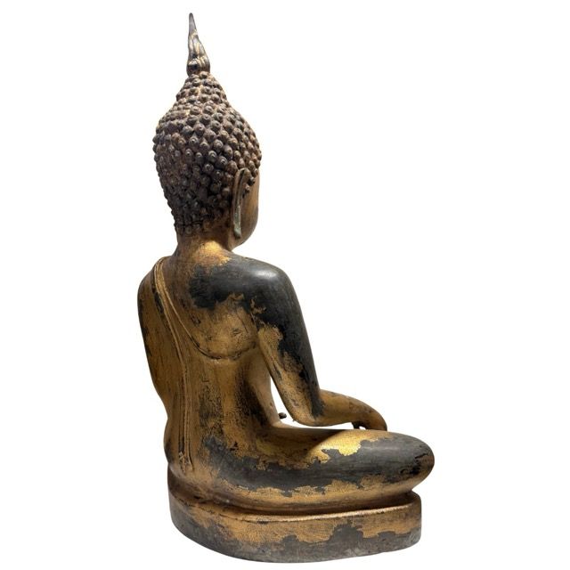 Bronze-Buddha-Statue im thailändischen Stil, monumentale Ausführung mit Restvergoldung und dunkler Patina, 59 cm hoch, 18,4 kg, Lot 412